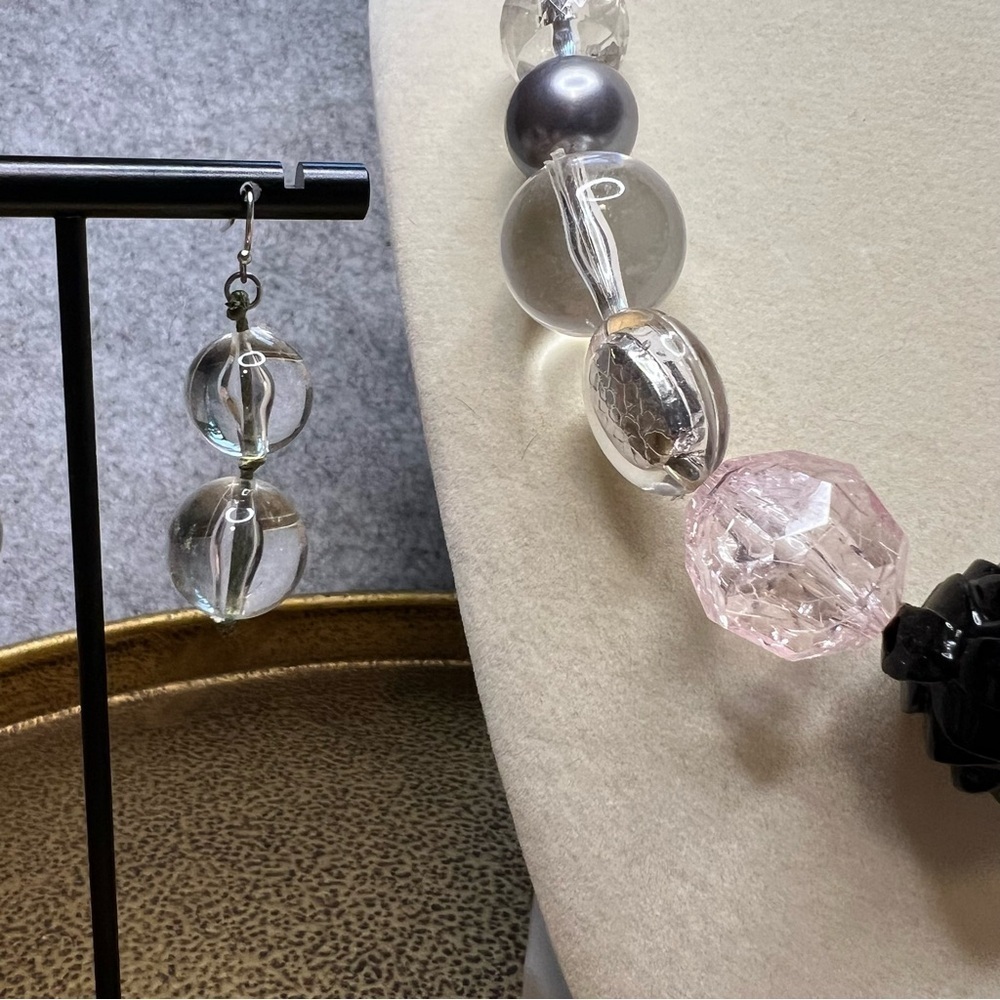 Statement Bead Necklace & Earring Set Clear Pink Gray Black Mixed Beads - Picture 2 of 5